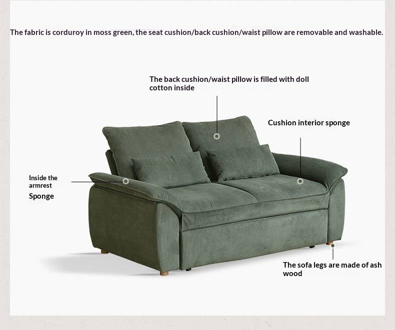 Corduroy Loveseat Sofa with Pull-Out Chaise and Adjustable Backrest
