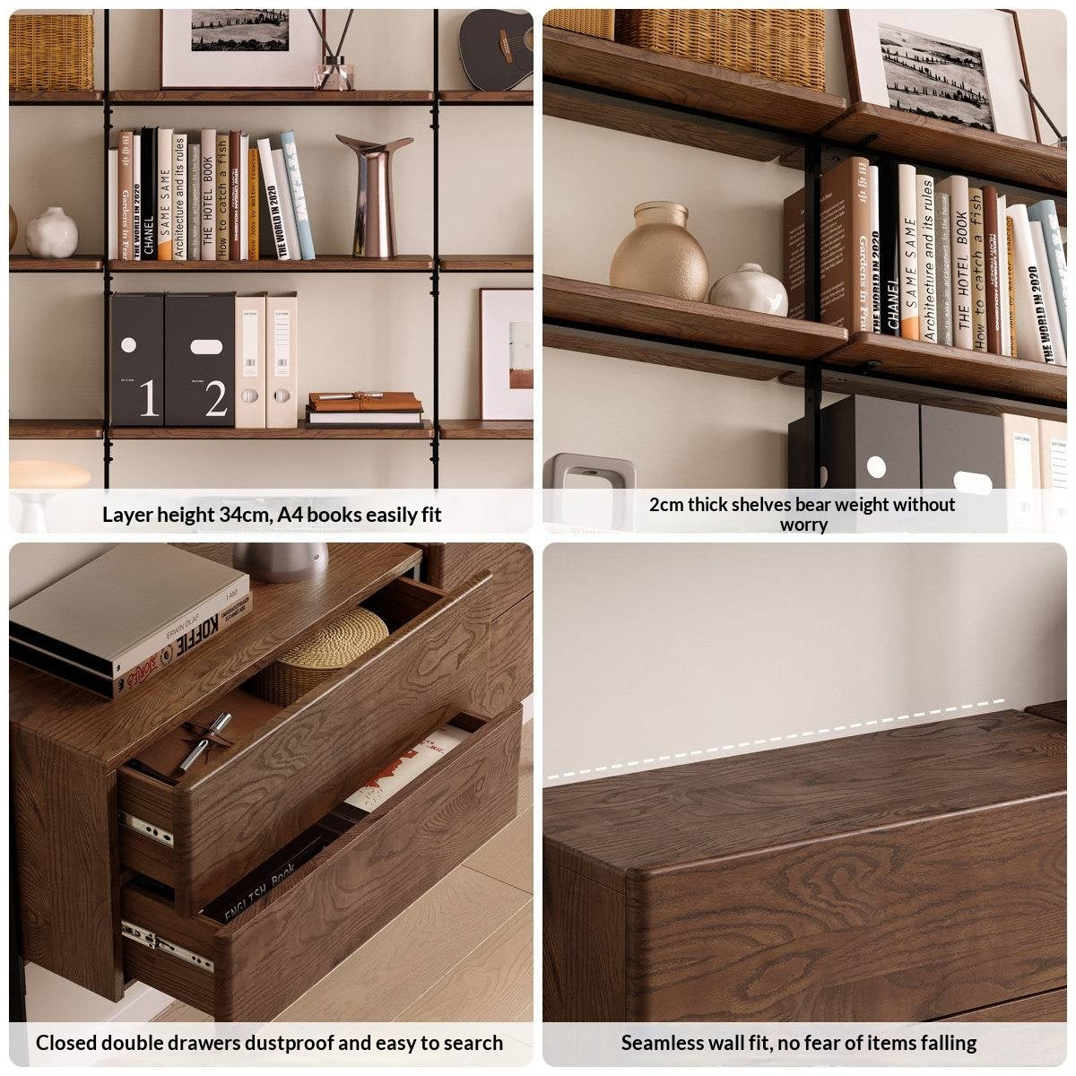 Oak Solid Wood Wall-Mounted Bookshelf Industrial Style