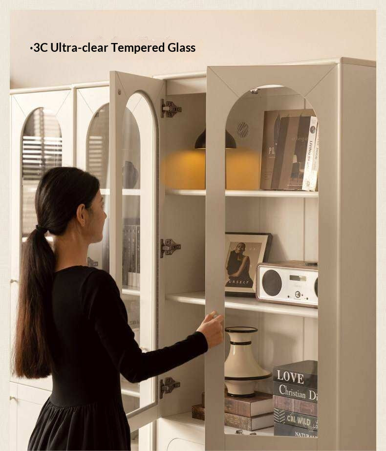 Solid RubberWood Bookcase White With Glass Door French Cream Style