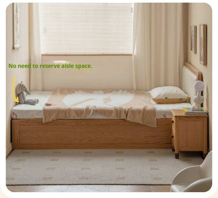 Oak, Rubberwood Solid Wood Upholstered Kids Storage Bed with Gas Lift and Rounded Headboard