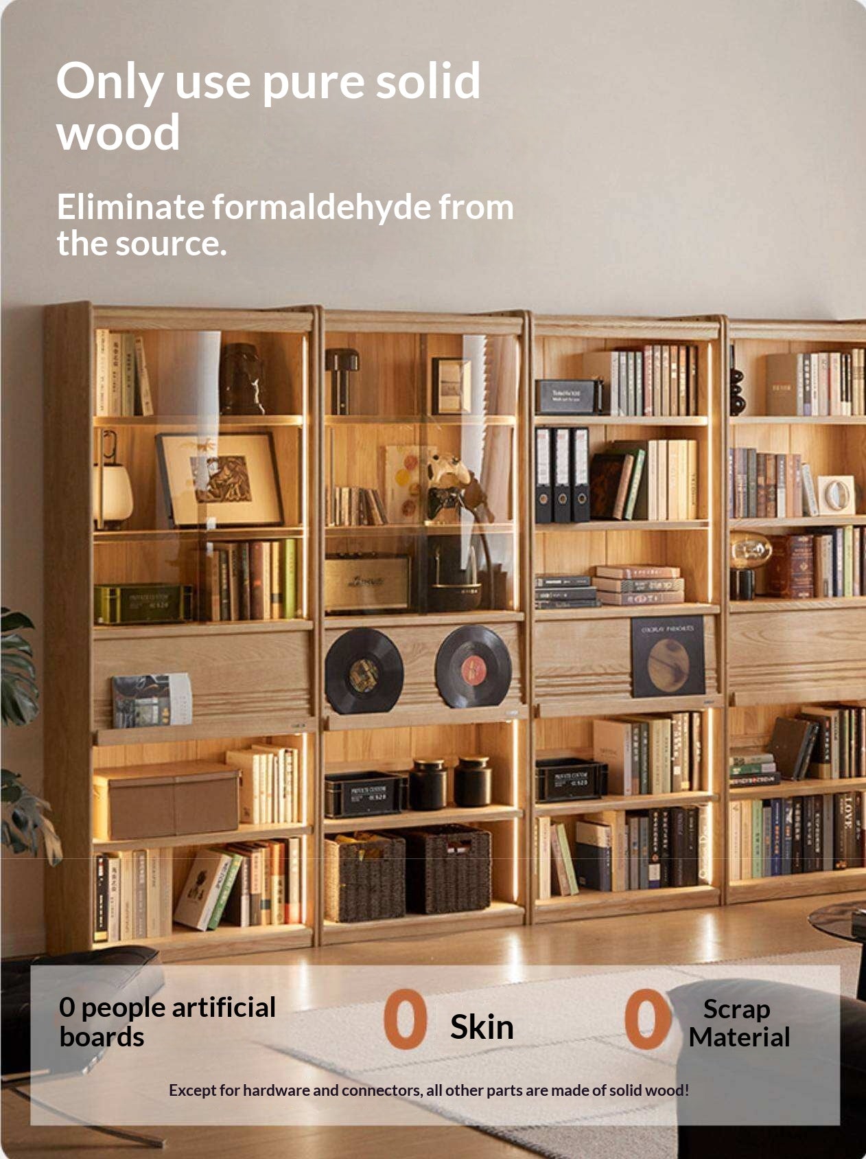Oak Solid Wood Display Bookcase with Wall-Mounted Option and Storage Cabinet