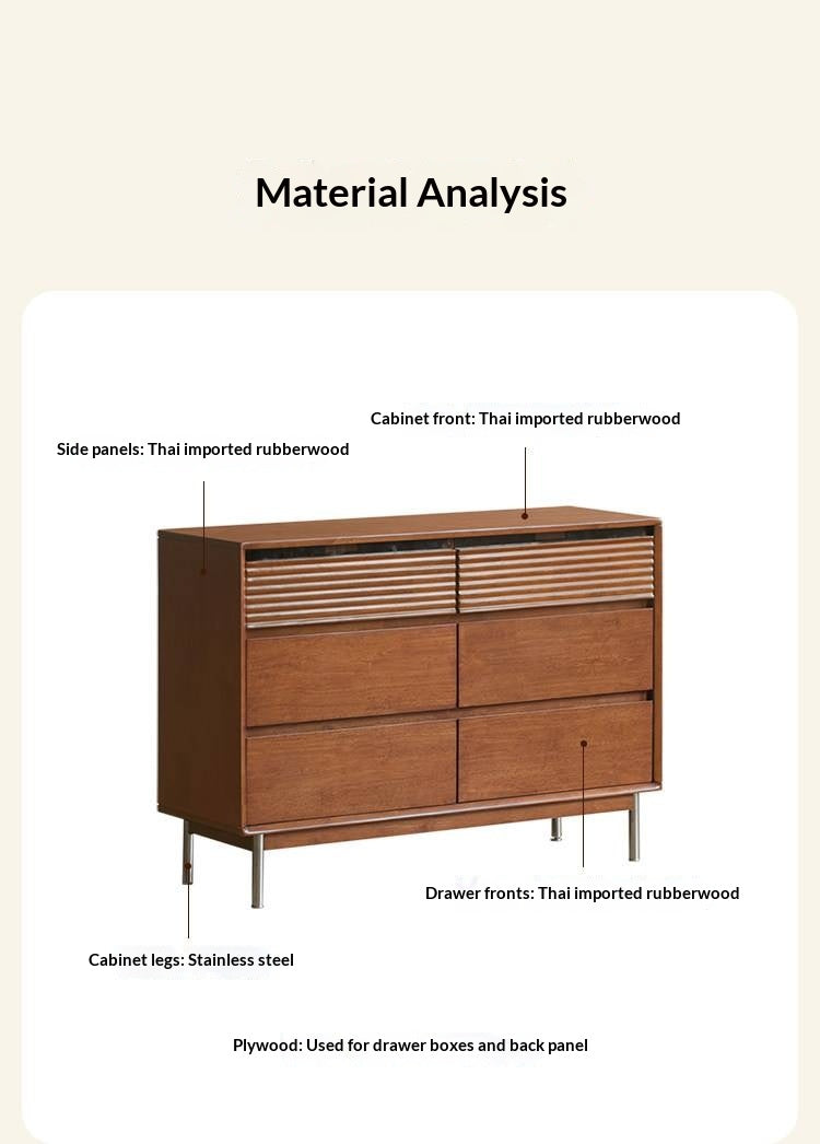 Rubberwood Solid 6-Drawer Dresser, Mid Century Bedroom Storage Cabinet