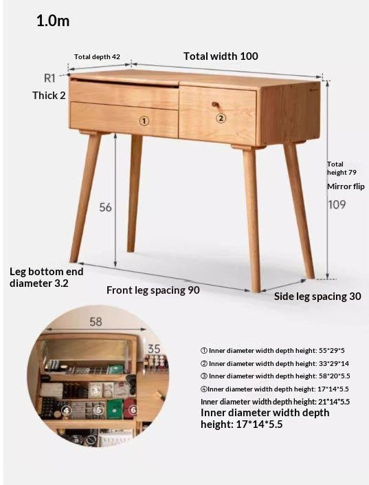 Oak Solid Wood, Solid RubberWood Vanity Table Mirror LED Touch Light.