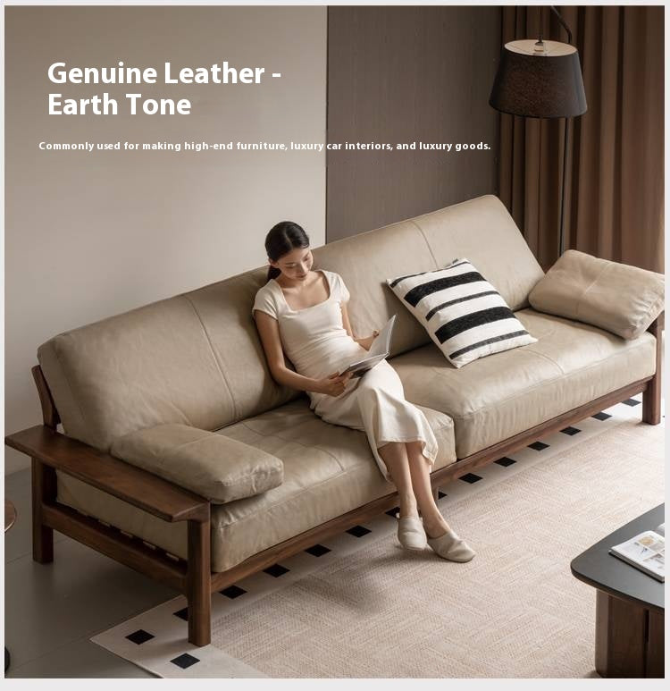 Black Walnut, Ash Solid Wood Wabi Sabi Style Genuine Leather Sofa, fabric sofa