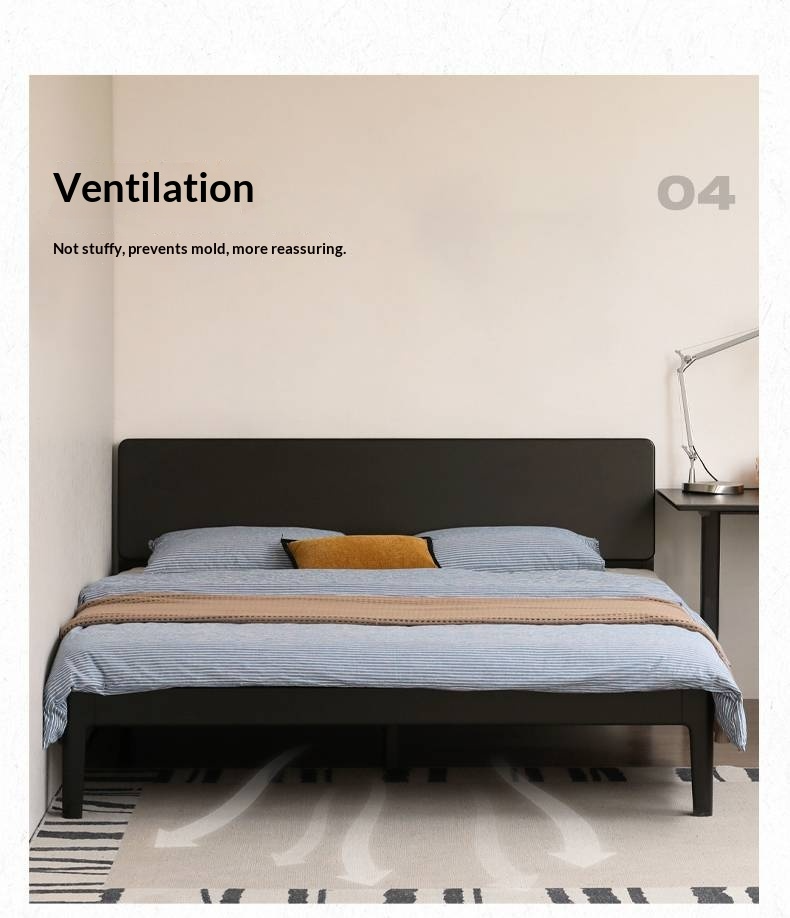 Rubberwood, Poplar Solid Wood Bed in Black — Modern Casual Edge Design