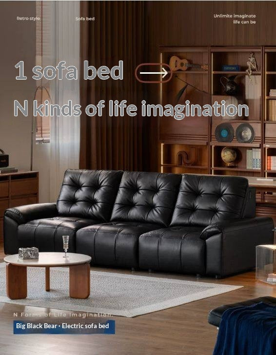 Genuine Leather Tufted Pull-Out Sleeper Sofa with Storage Chaise