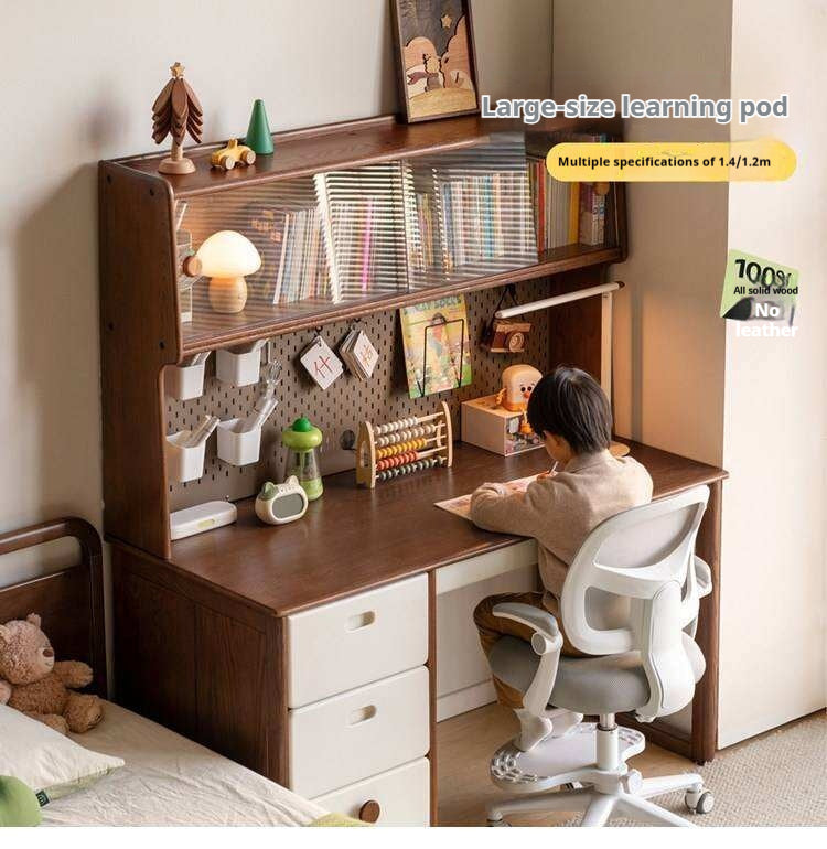 Oak Solid Wood Retro Style Kids Study Desk with Integrated Bookshelf