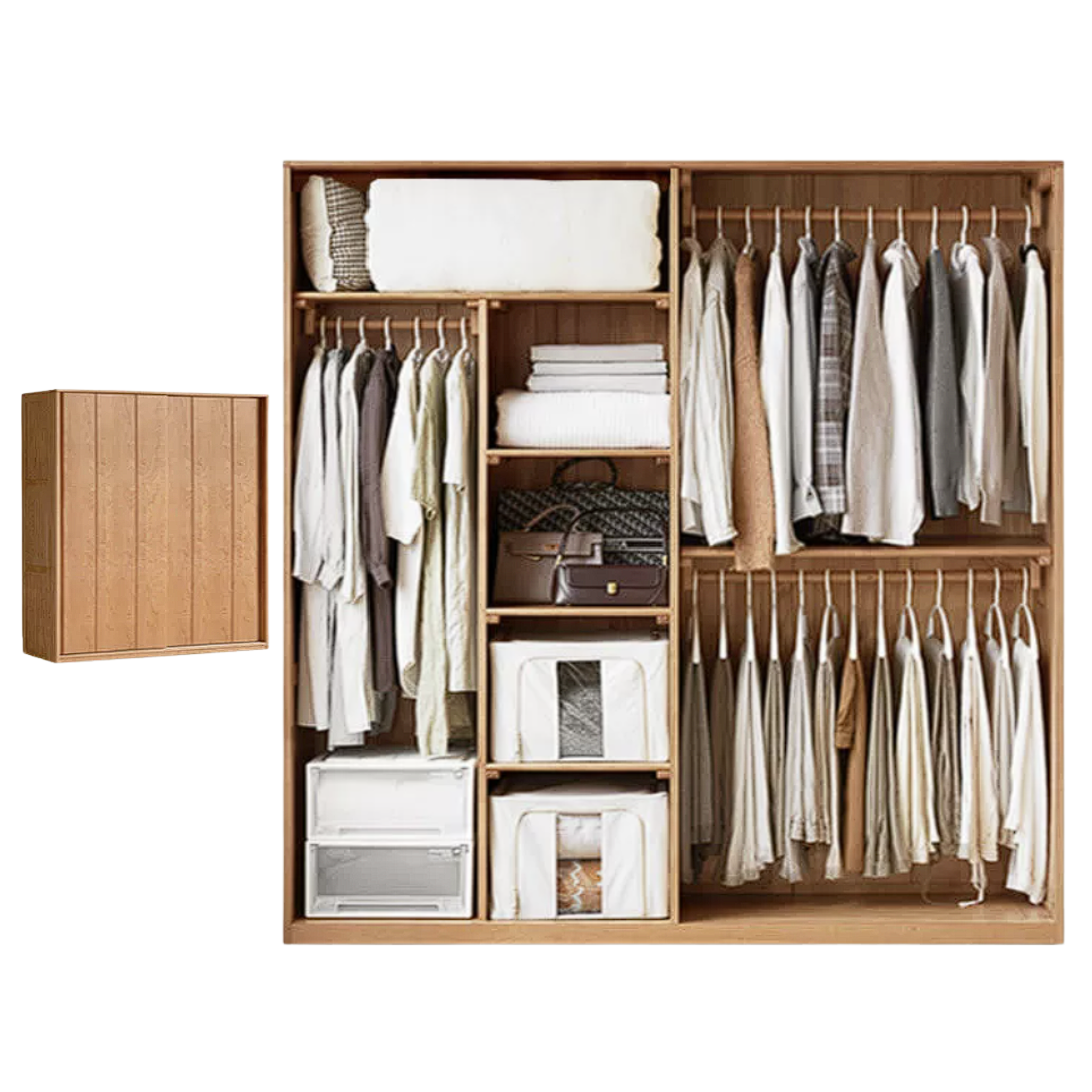 Cherry Wood Sliding Door Wardrobe Armoire with Hanging Rod and Shelves