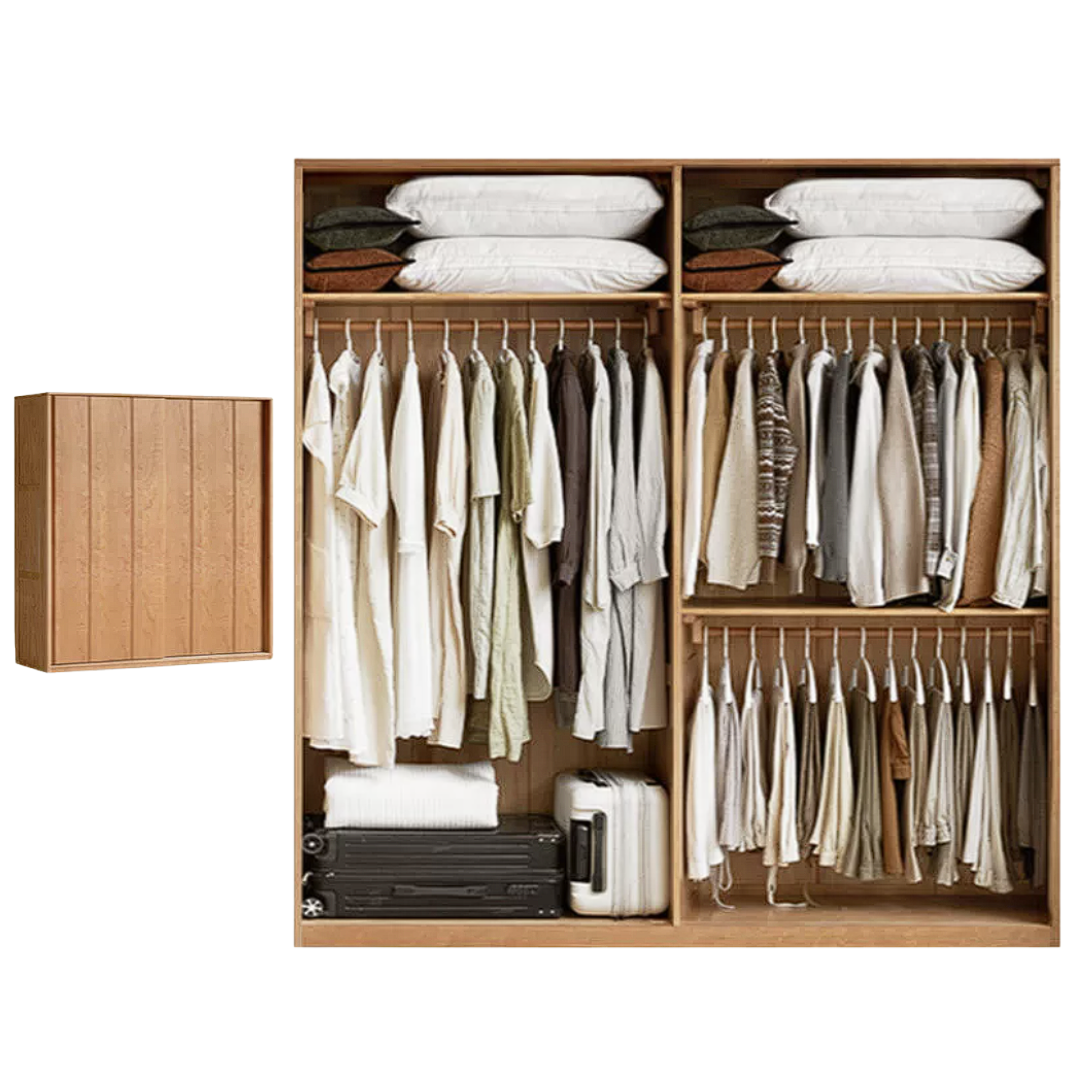 Cherry Wood Sliding Door Wardrobe Armoire with Hanging Rod and Shelves
