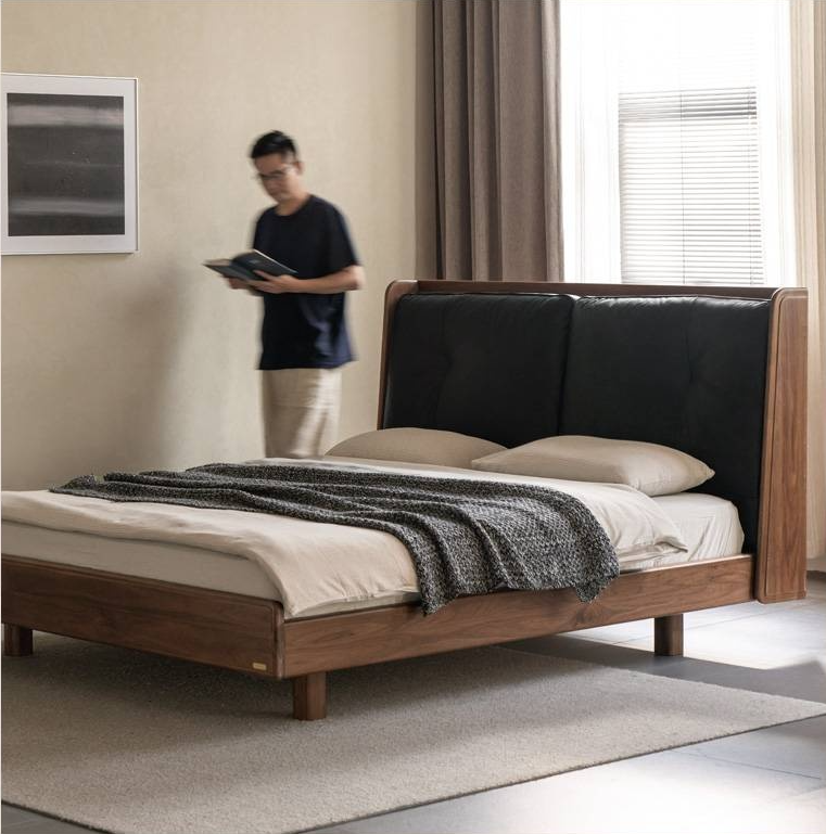 Black Walnut Solid Wood Italian Light Luxury Genuine Leather Soft Bed