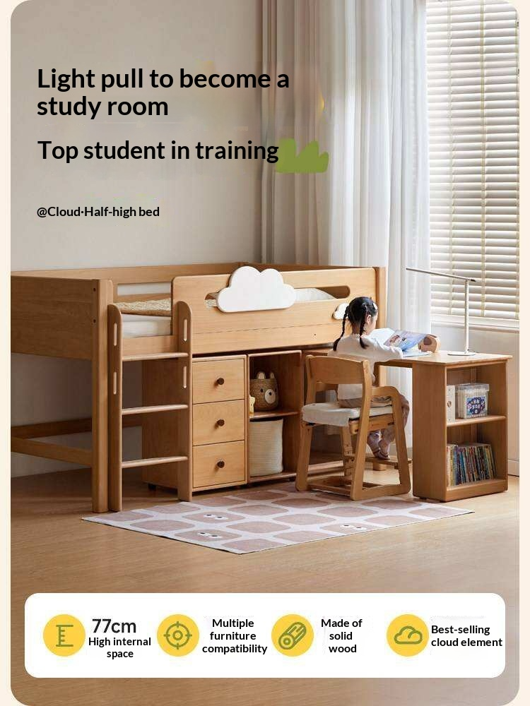 Beech Solid Wood Children's Loft Bed with Under-Table and Storage