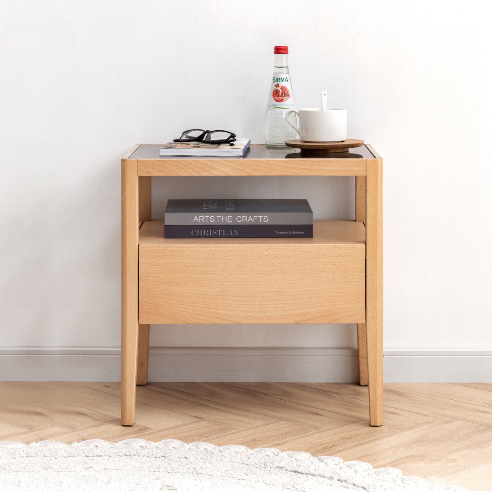 Beech solid wood bedside storage, small side table.