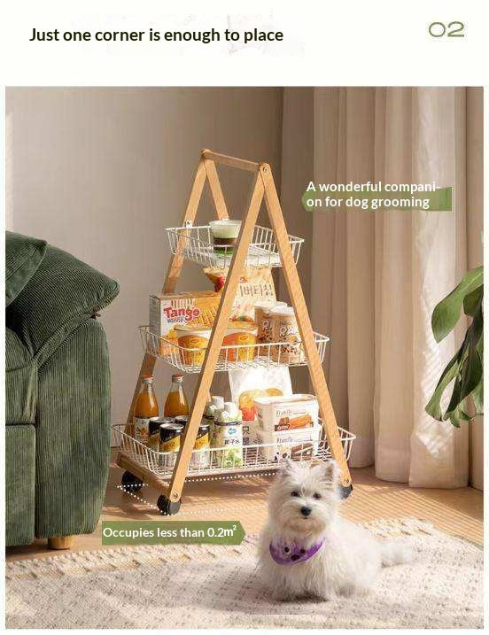 Beech Solid Wood Storage Rack with Multi-Layer and Mobile Trolley