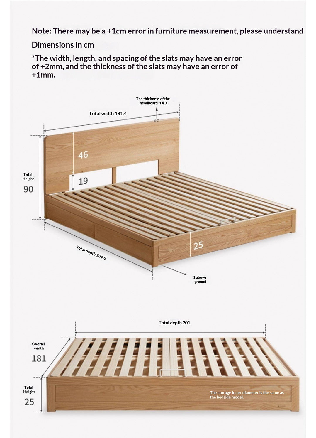 Oak, Ash, Rubberwood Solid Wood Box Bed, Platform Box Bed, Headboard-Free Bed