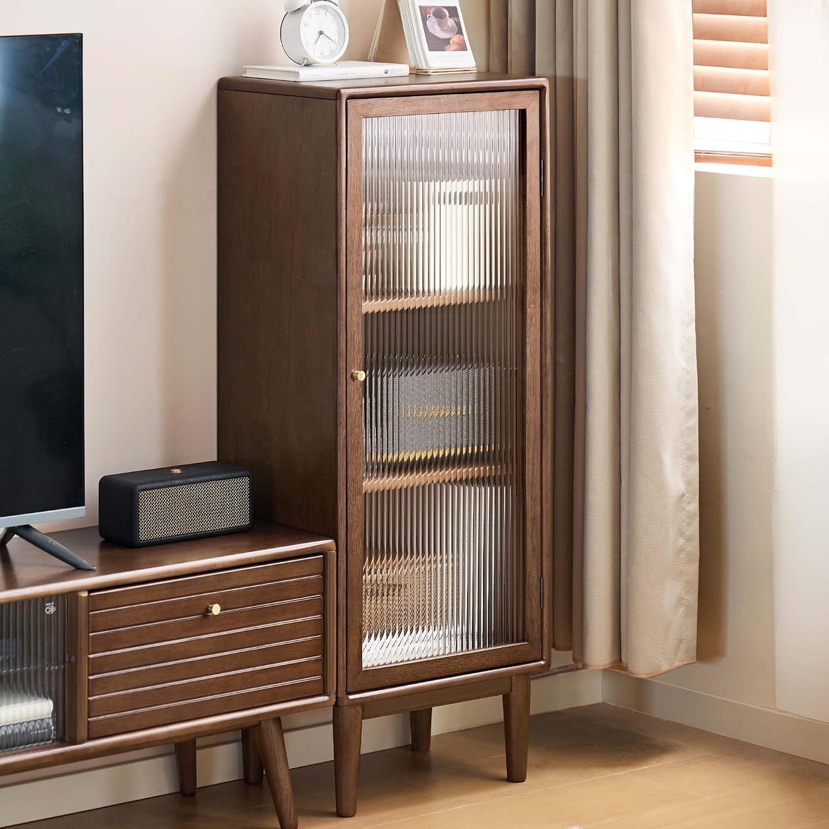 Solid Rubberwood Narrow Storage Cabinet with Fluted Glass Door and Adjustable Shelves