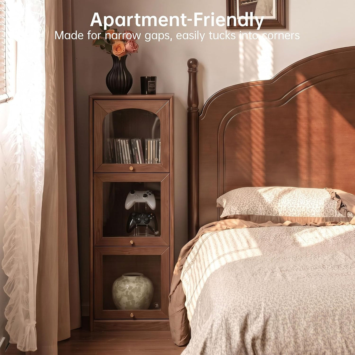 Oak Solid Wood Narrow Bookcase and Freestanding Storage Cabinet