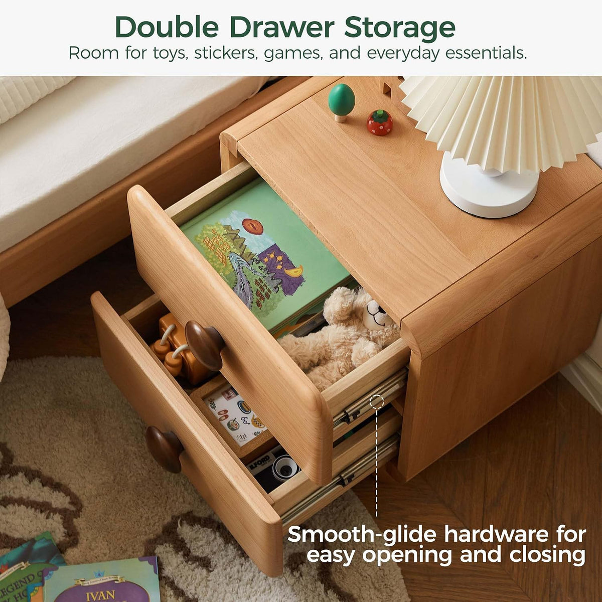 Beech Solid Wood Kids Two-Drawer Nightstand with Round Knob Pulls and Rounded Edges
