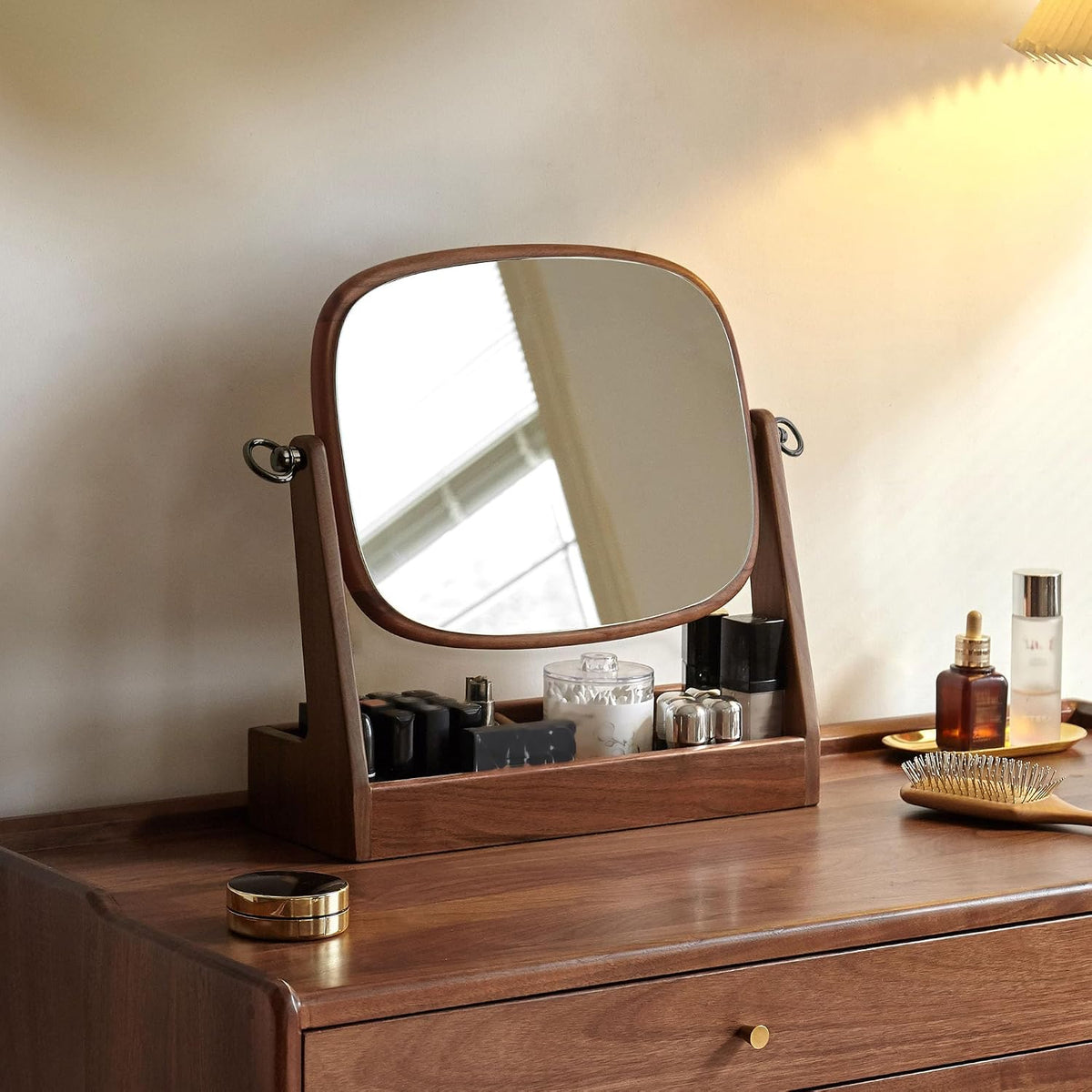 Black Walnut Solid Wood Vanity Makeup Mirror Tabletop