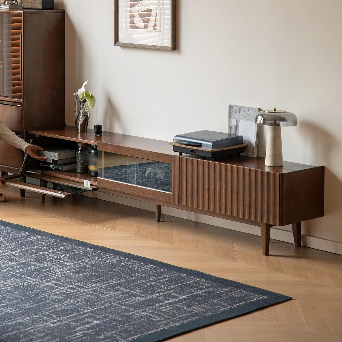 Solid RubberWood Fluted TV Media Console with Drawers and Open Shelf