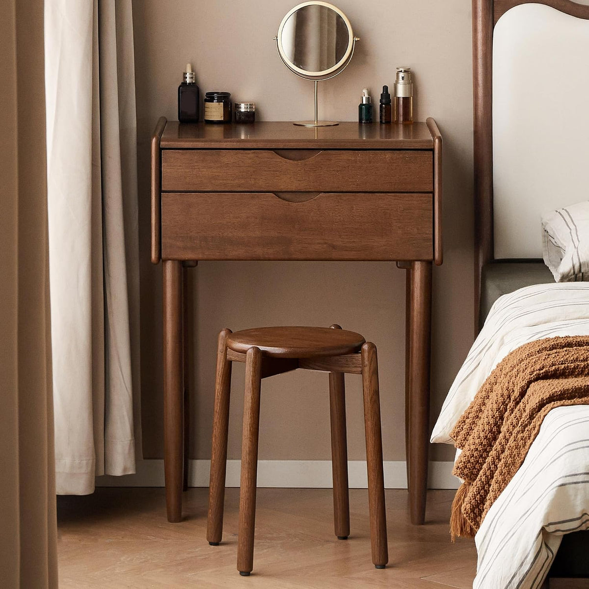 Rubberwood Solid Wood Corner Vanity Table, Walnut
