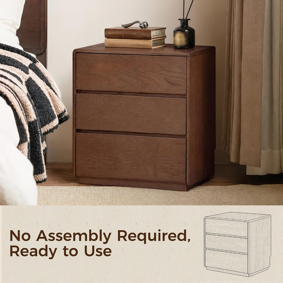 Solid Oak, Rubberwood, Wood Compact 3-Drawer Chest with Small Footprint