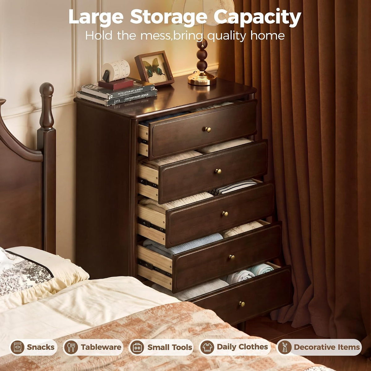 Poplar Solid Wood Traditional Dresser with Brass Knobs and Turned Spindle Legs