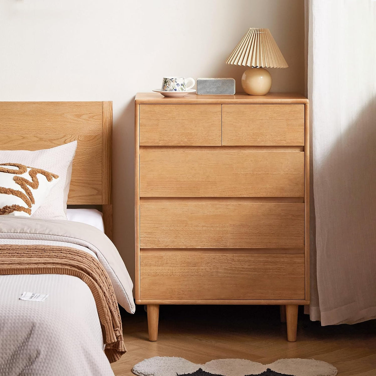 Rubberwood Solid Wood Tall Narrow Dresser with Fluted Drawer