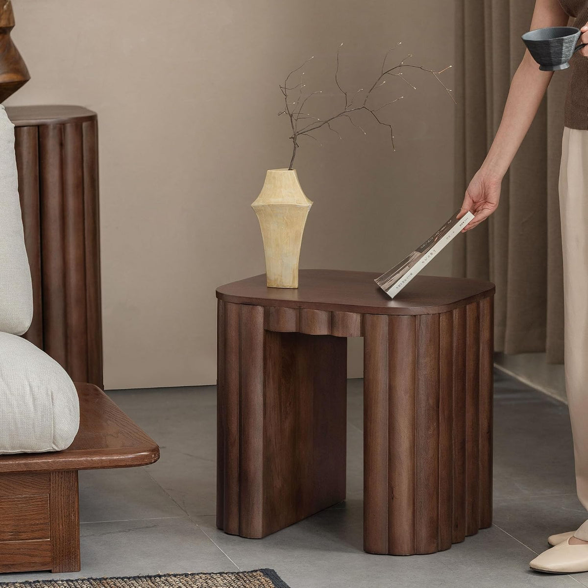 Mango Solid Wood Sculptural Side Table with Carved Legs