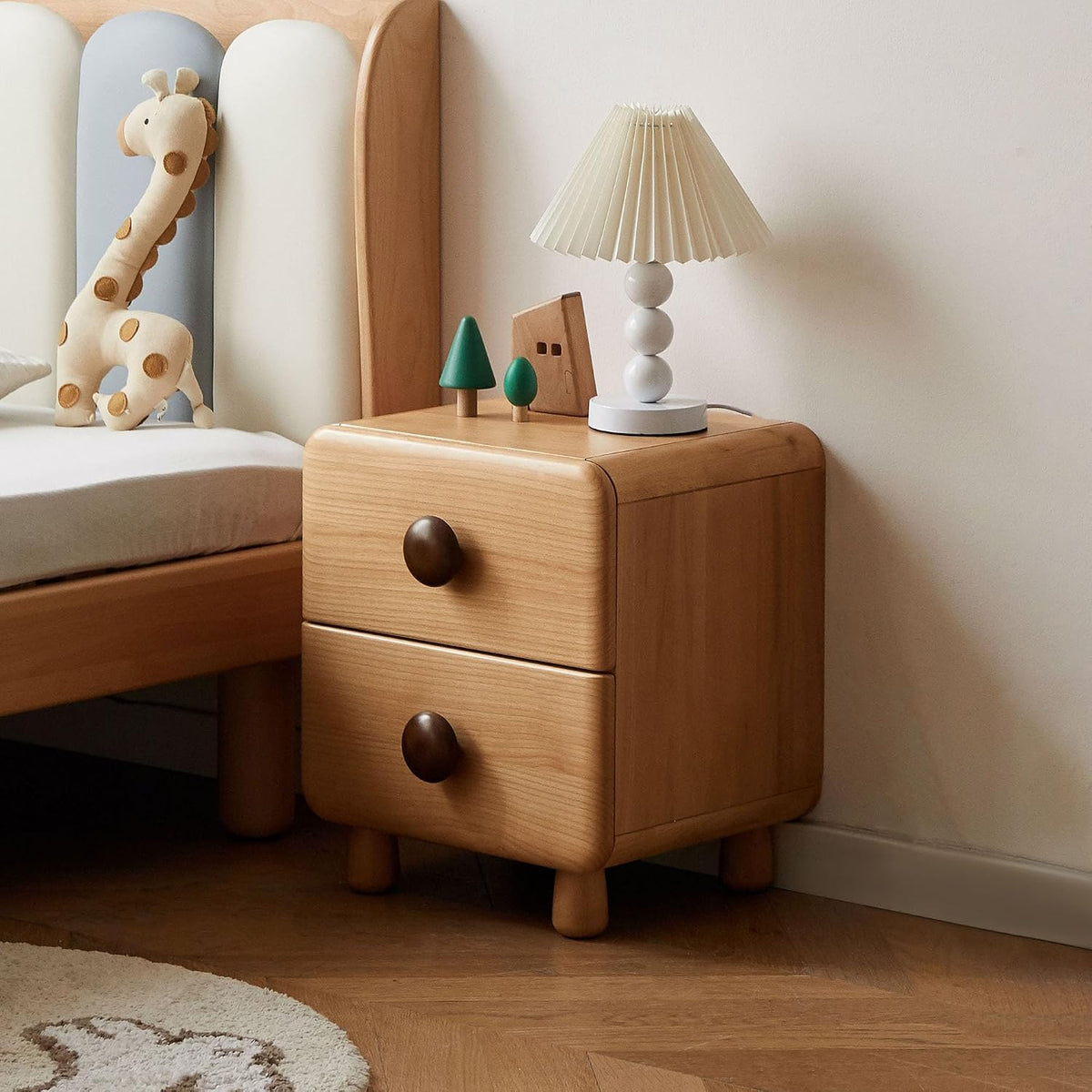 Beech Solid Wood Kids Two-Drawer Nightstand with Round Knob Pulls and Rounded Edges