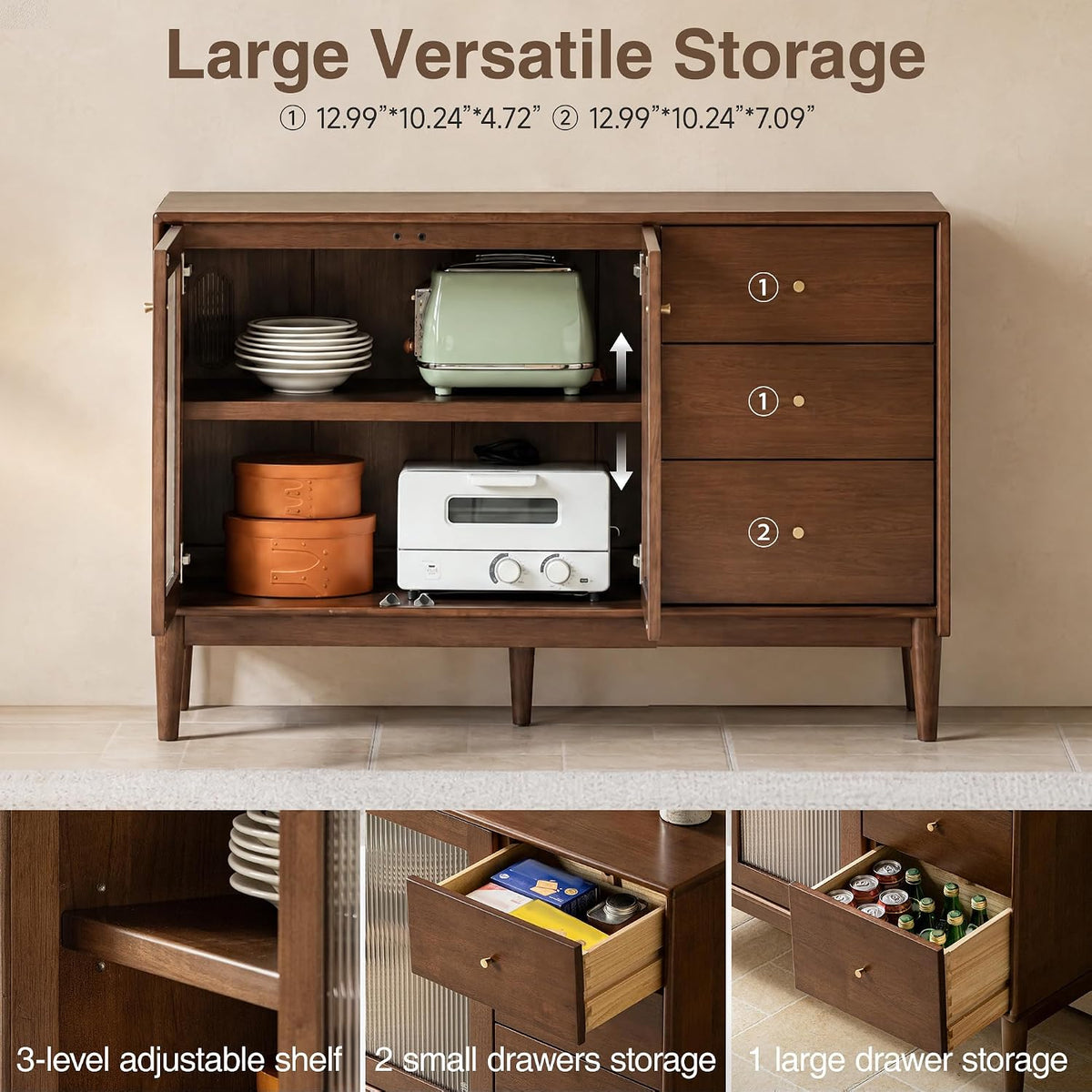 Solid Rubberwood Side Cabinet with Three Drawers and Two Doors