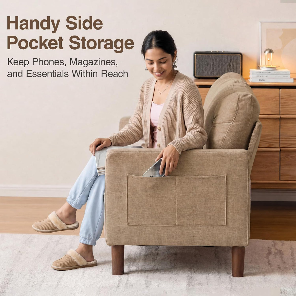 Track Arm Tufted Sofa with Side Pocket Storage