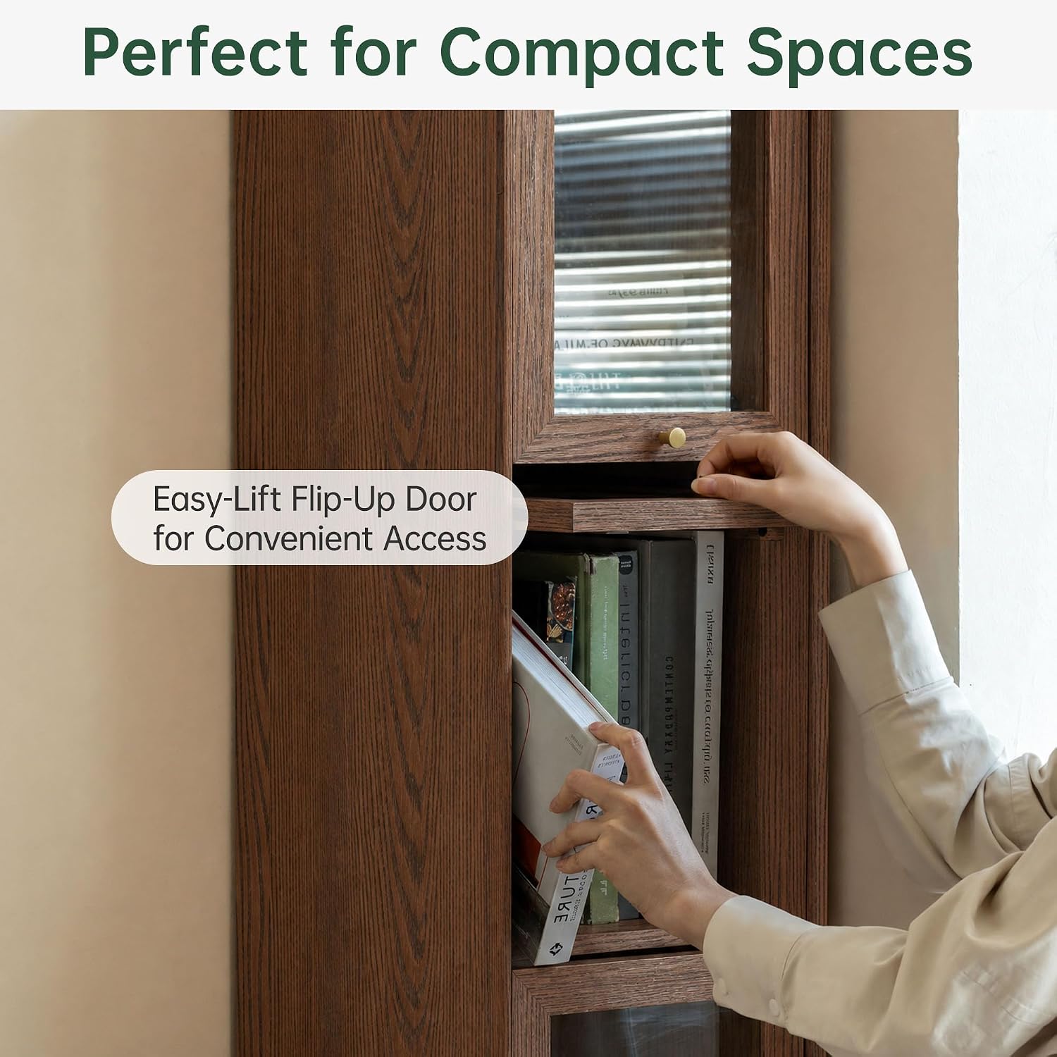 Oak Solid Wood Narrow Glass Door Display Cabinet with Slim Storage Tower