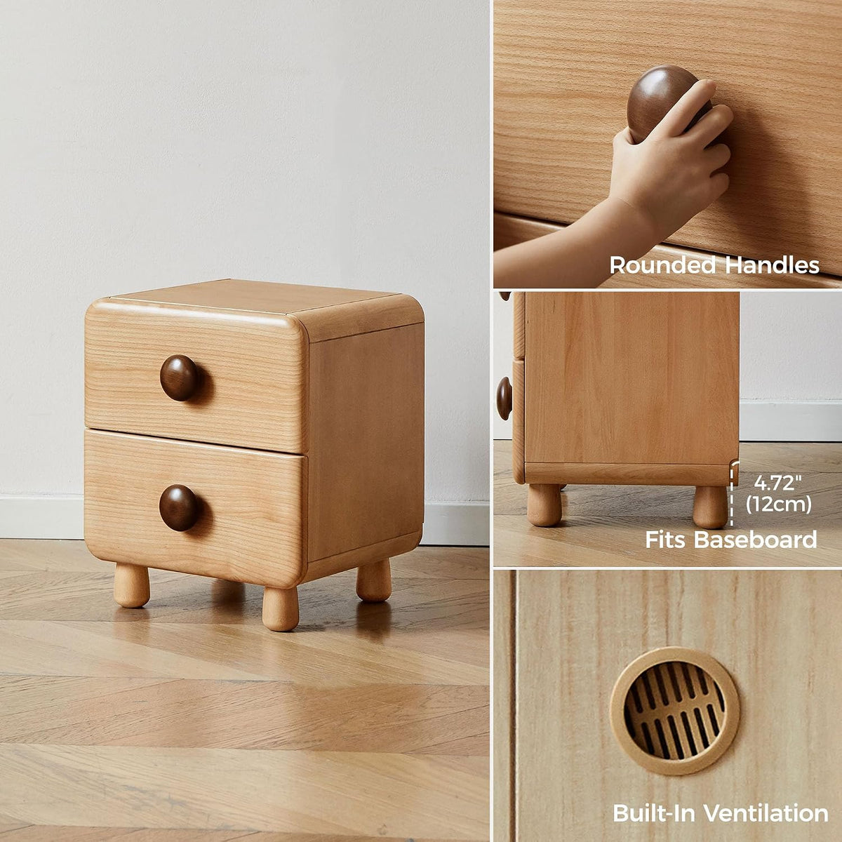Beech Solid Wood Kids Two-Drawer Nightstand with Round Knob Pulls and Rounded Edges