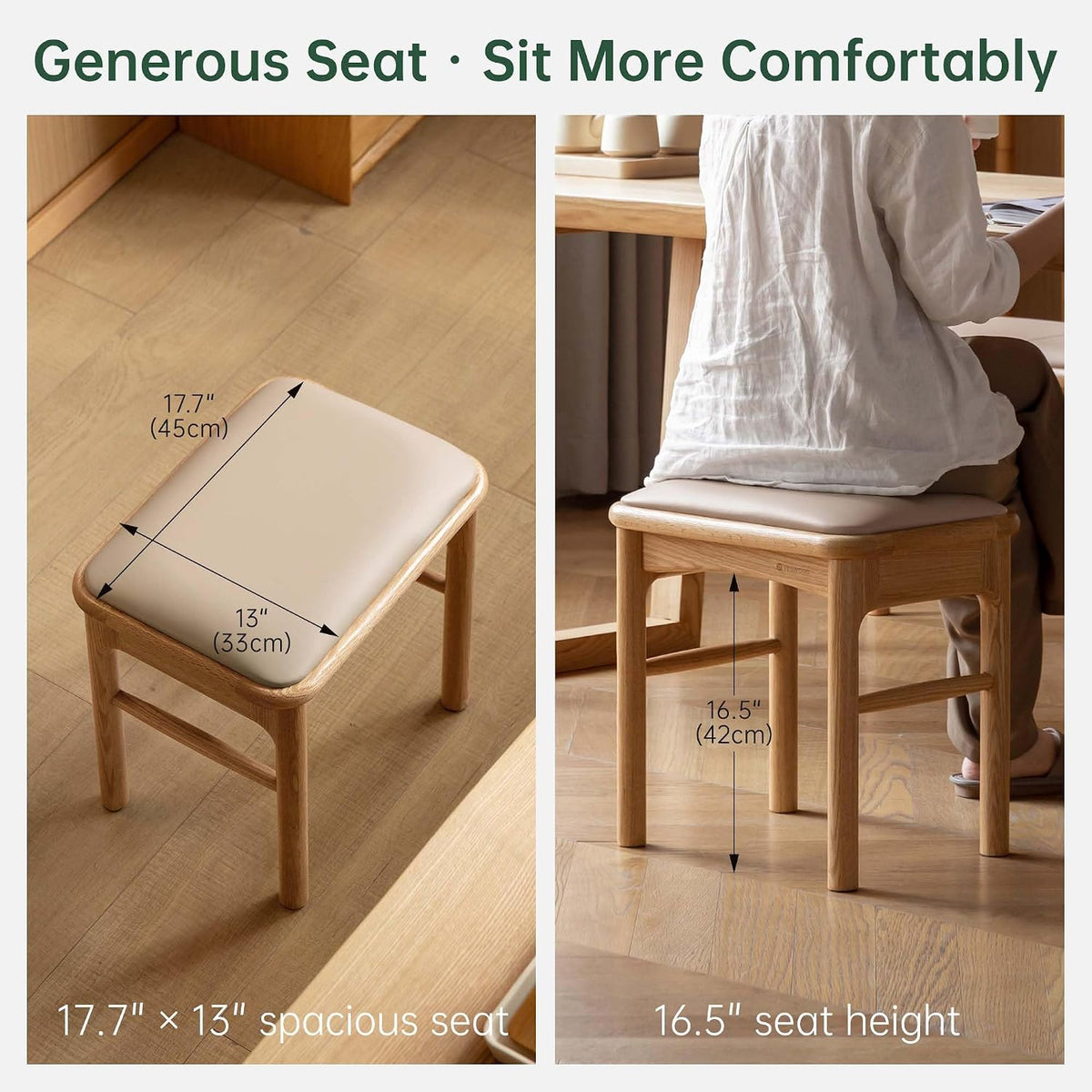 Oak Solid Wood Upholstered Entryway Bench with Matching Stool