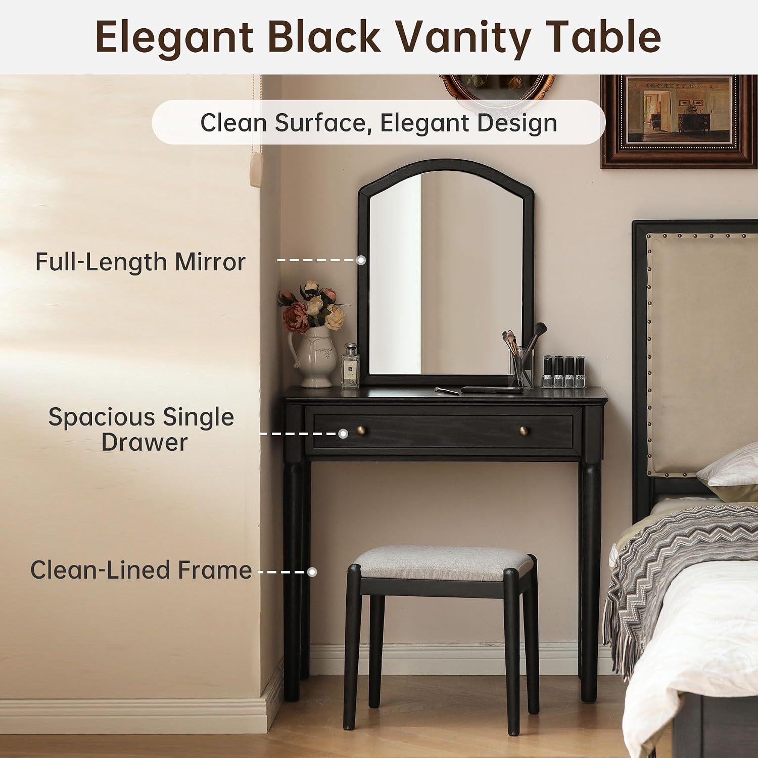 Oak Solid Wood Vanity Table Set with Arched Mirror
