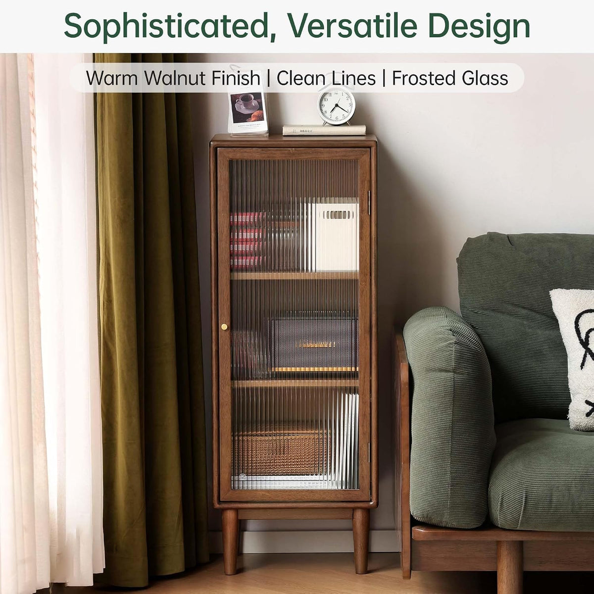 Solid Rubberwood Narrow Storage Cabinet with Fluted Glass Door and Adjustable Shelves