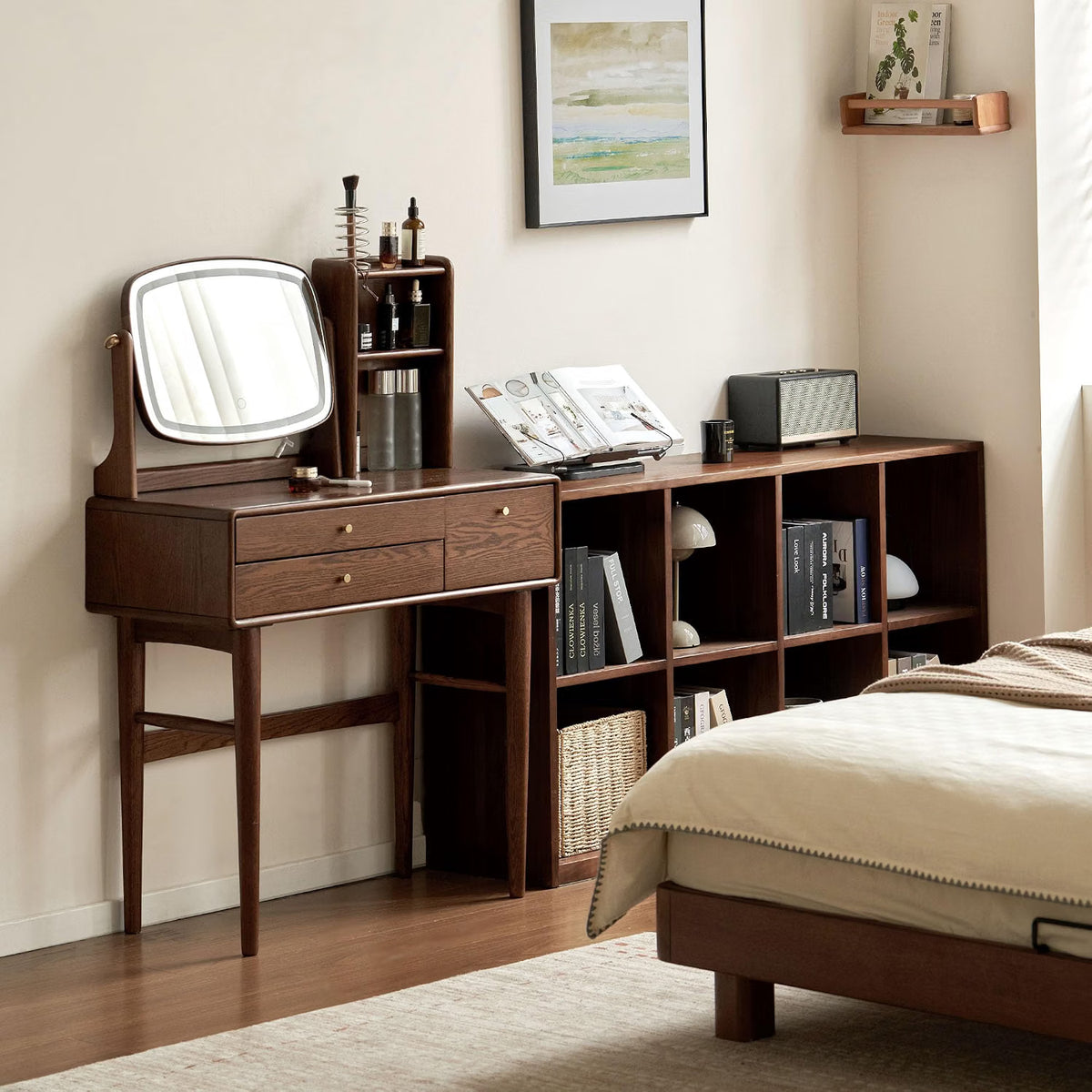 Oak Solid Wood Vanity Desk with LED Mirror and Open Storage Tower