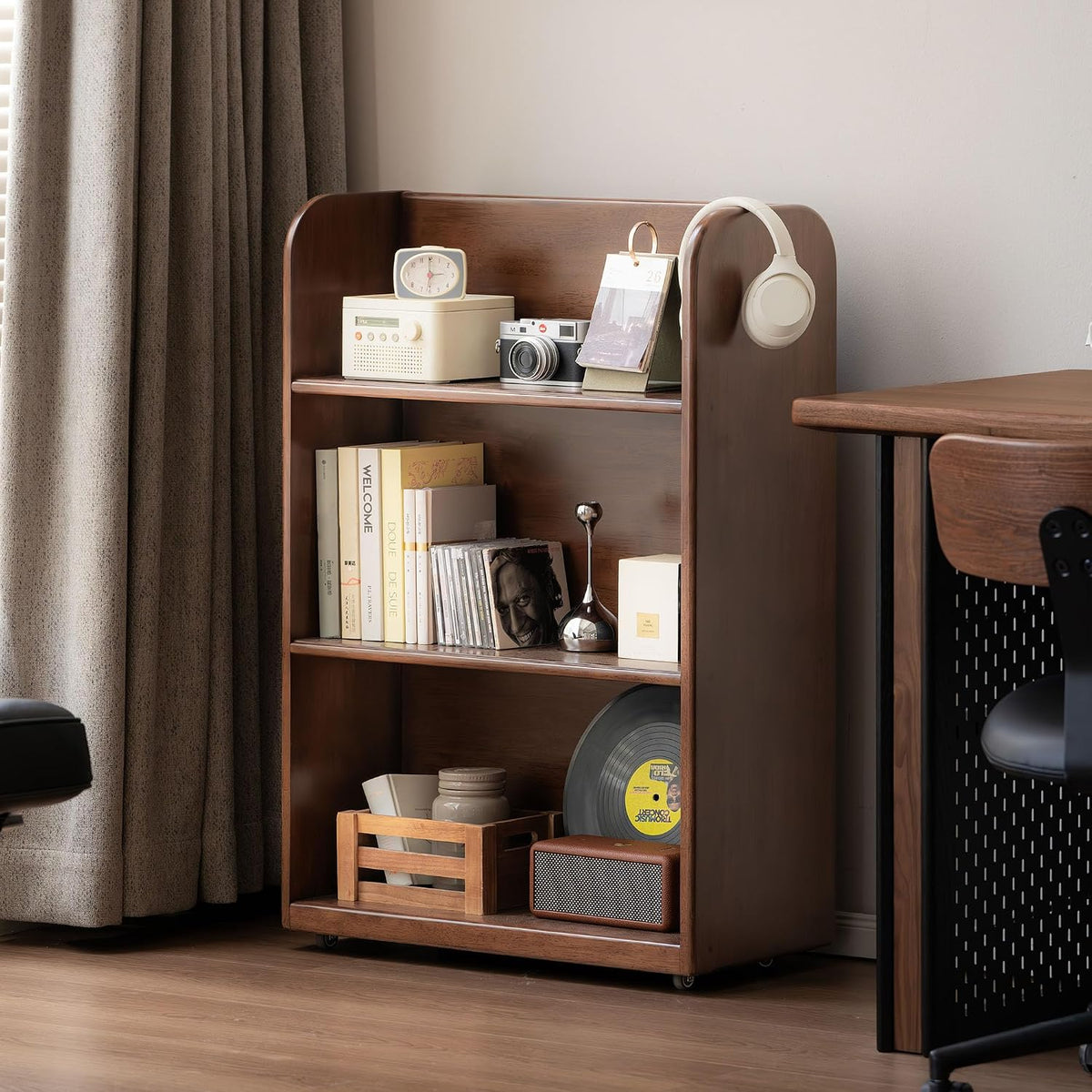 Rubberwood Solid Wood Rolling Bookcase with Wheels, Walnut
