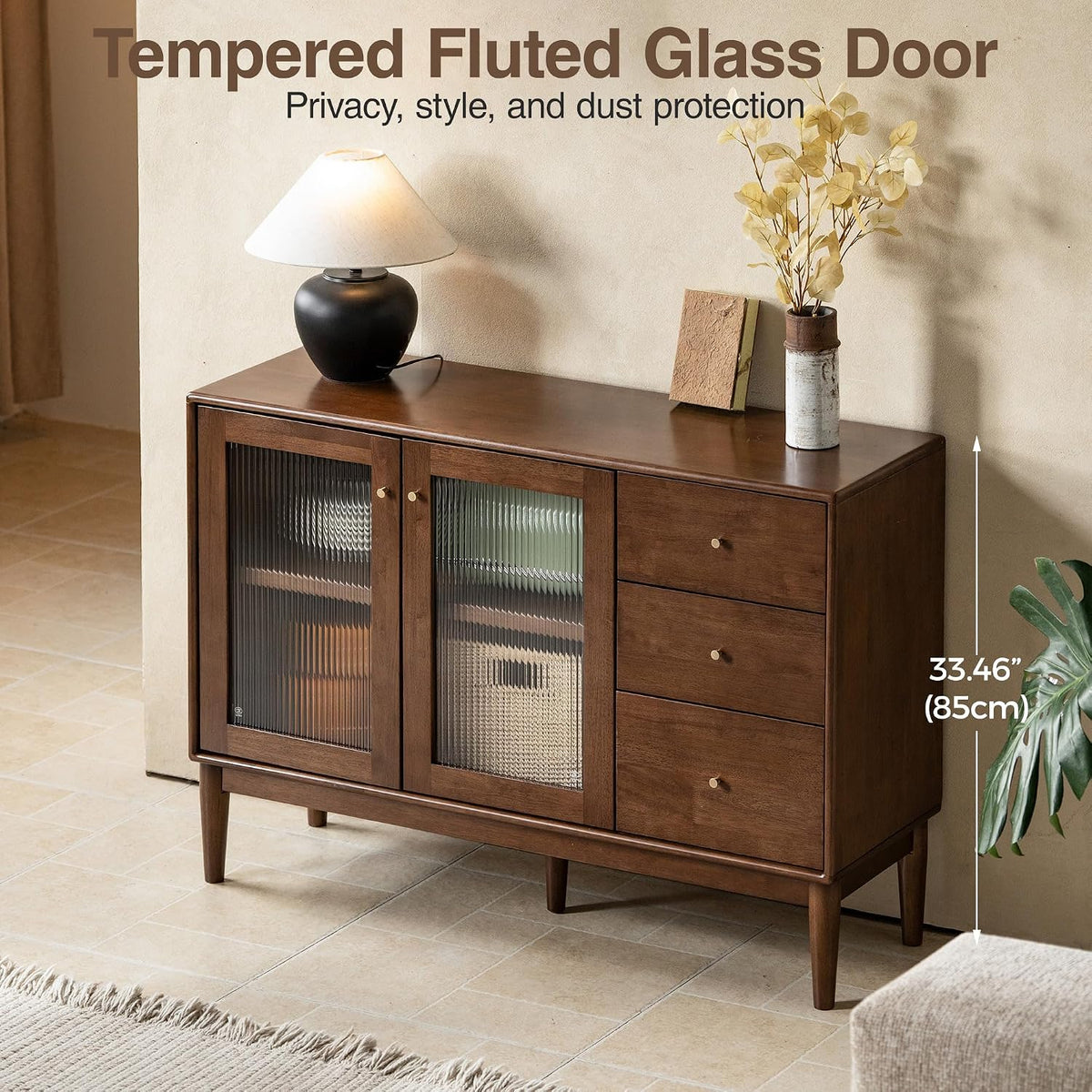 Solid Rubberwood Side Cabinet with Three Drawers and Two Doors