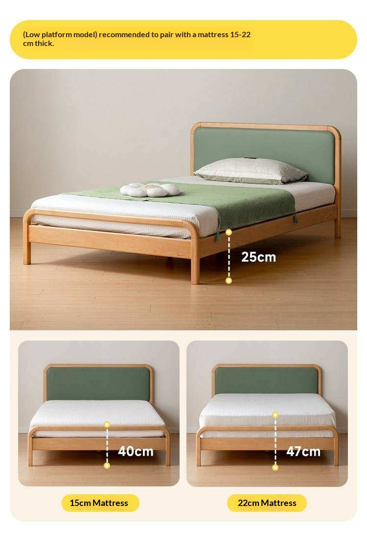 Beech Solid Wood Kids Bed with Adjustable Height and Rounded Corner Headboard
