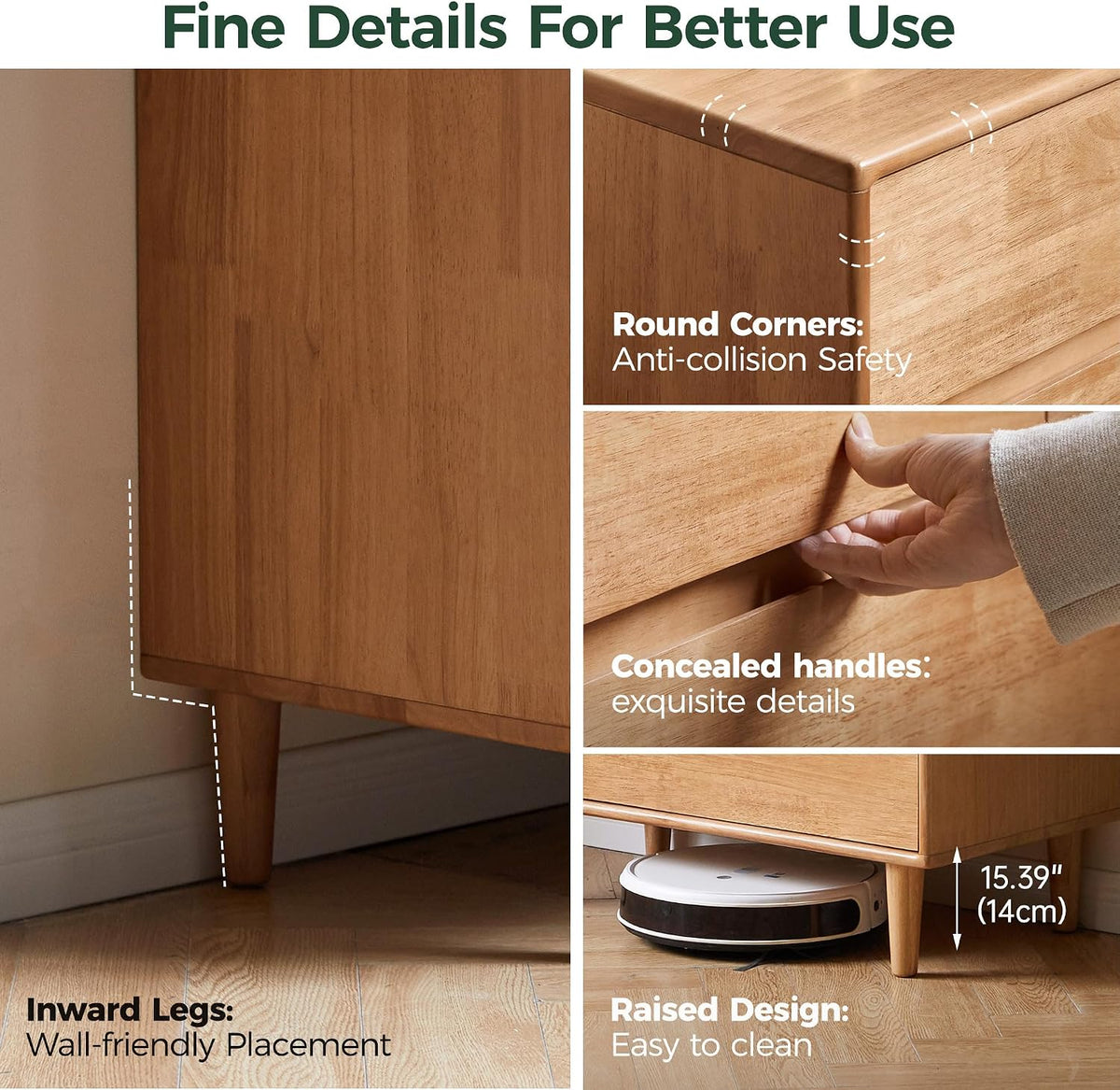 Rubberwood Solid Wood Tall Narrow Dresser with Fluted Drawer