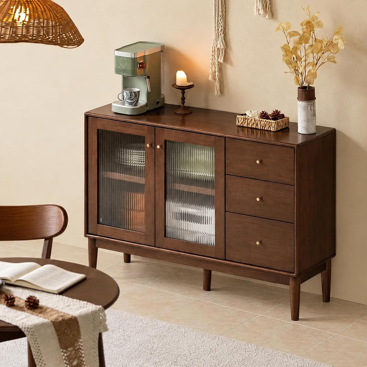 Solid Rubberwood Side Cabinet with Three Drawers and Two Doors