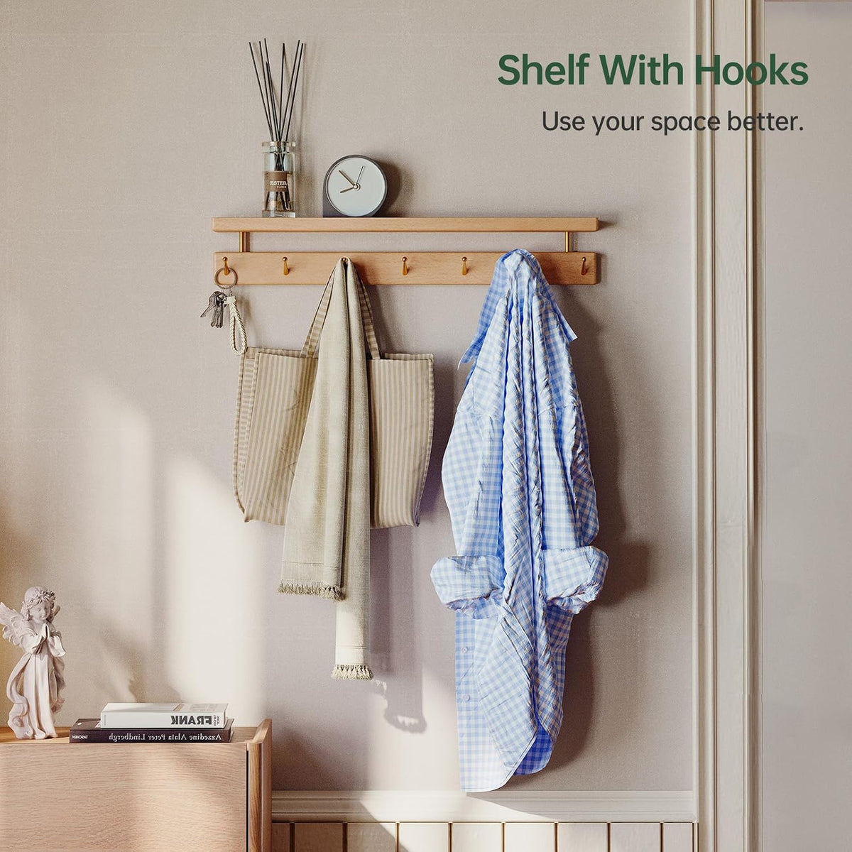 Beech Solid Wood Wall Mounted Coat Rack with Shelf