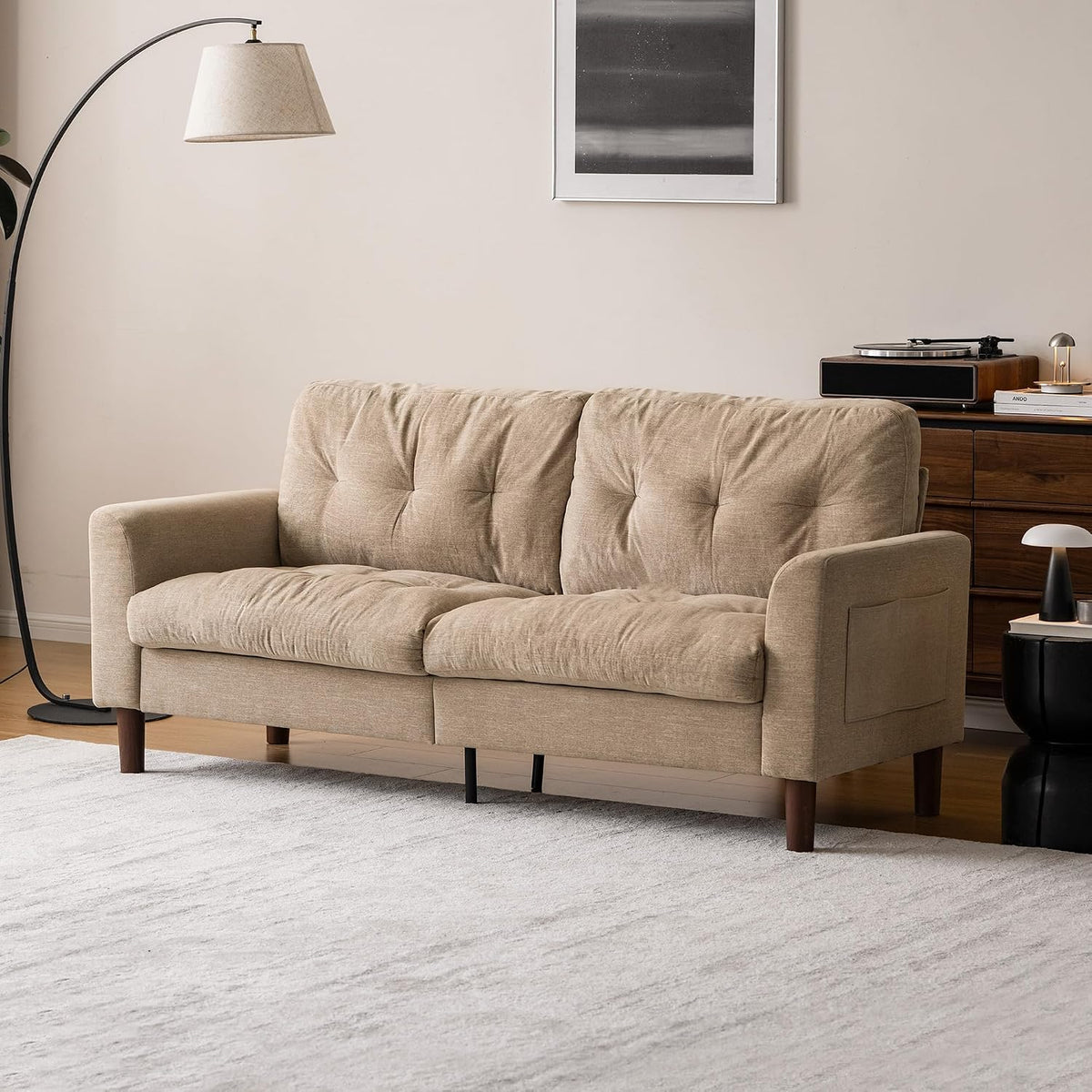 Track Arm Tufted Sofa with Side Pocket Storage
