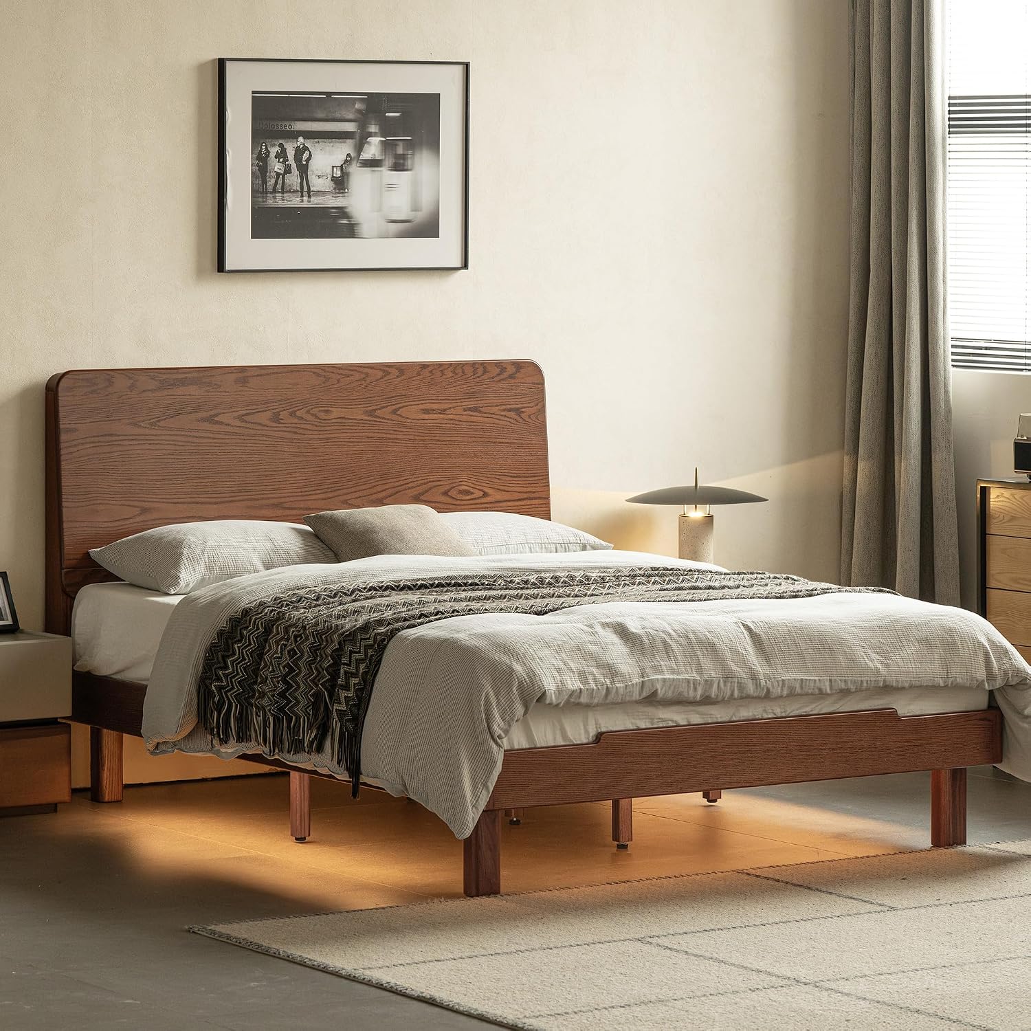 Oak Solid Wood Queen Floating Platform Bed with LED Lighting