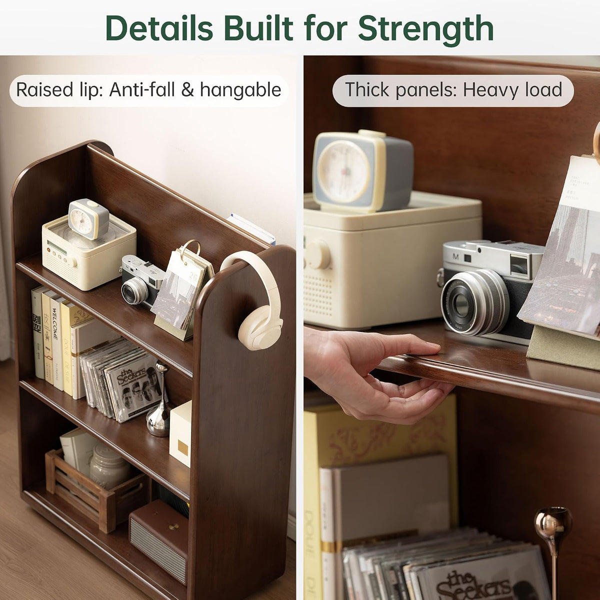 Rubberwood Solid Wood Rolling Bookcase with Wheels, Walnut