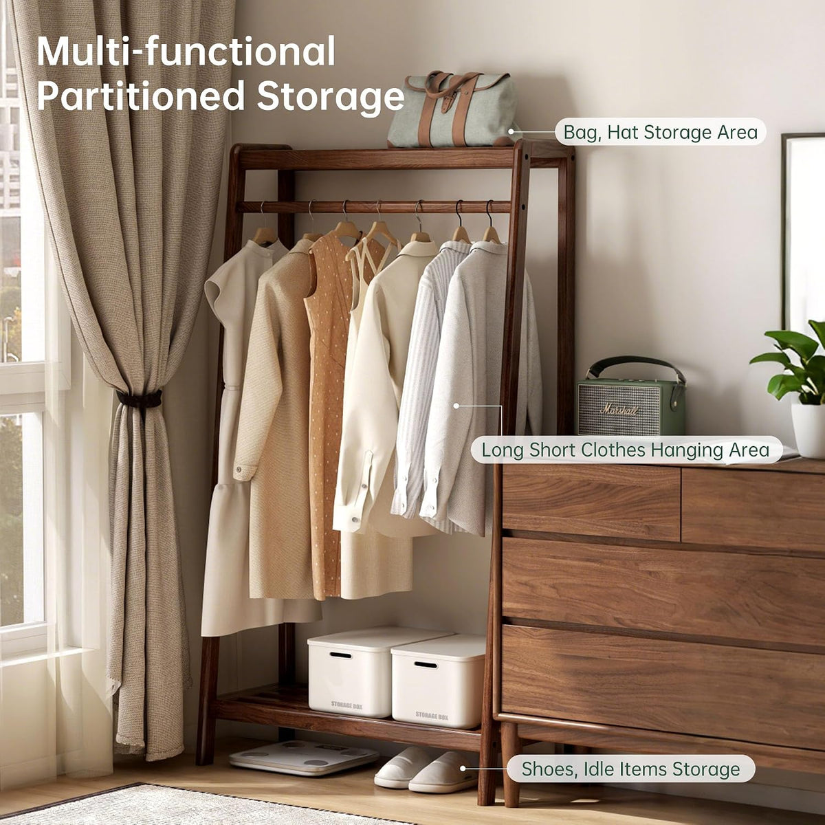 Oak, Rubberwood hanger for small bedroom floor standing storage rack