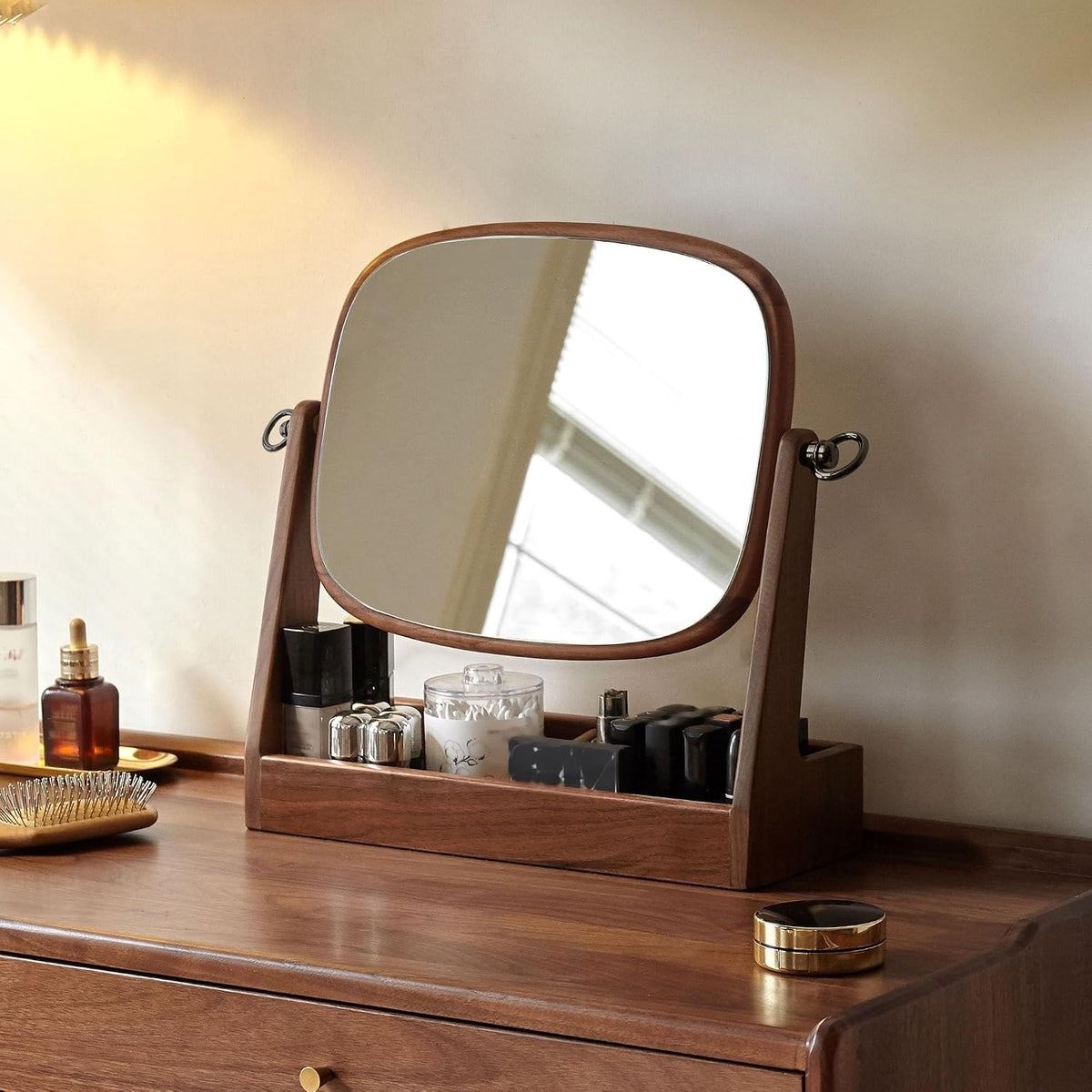 Black Walnut Solid Wood Vanity Makeup Mirror Tabletop
