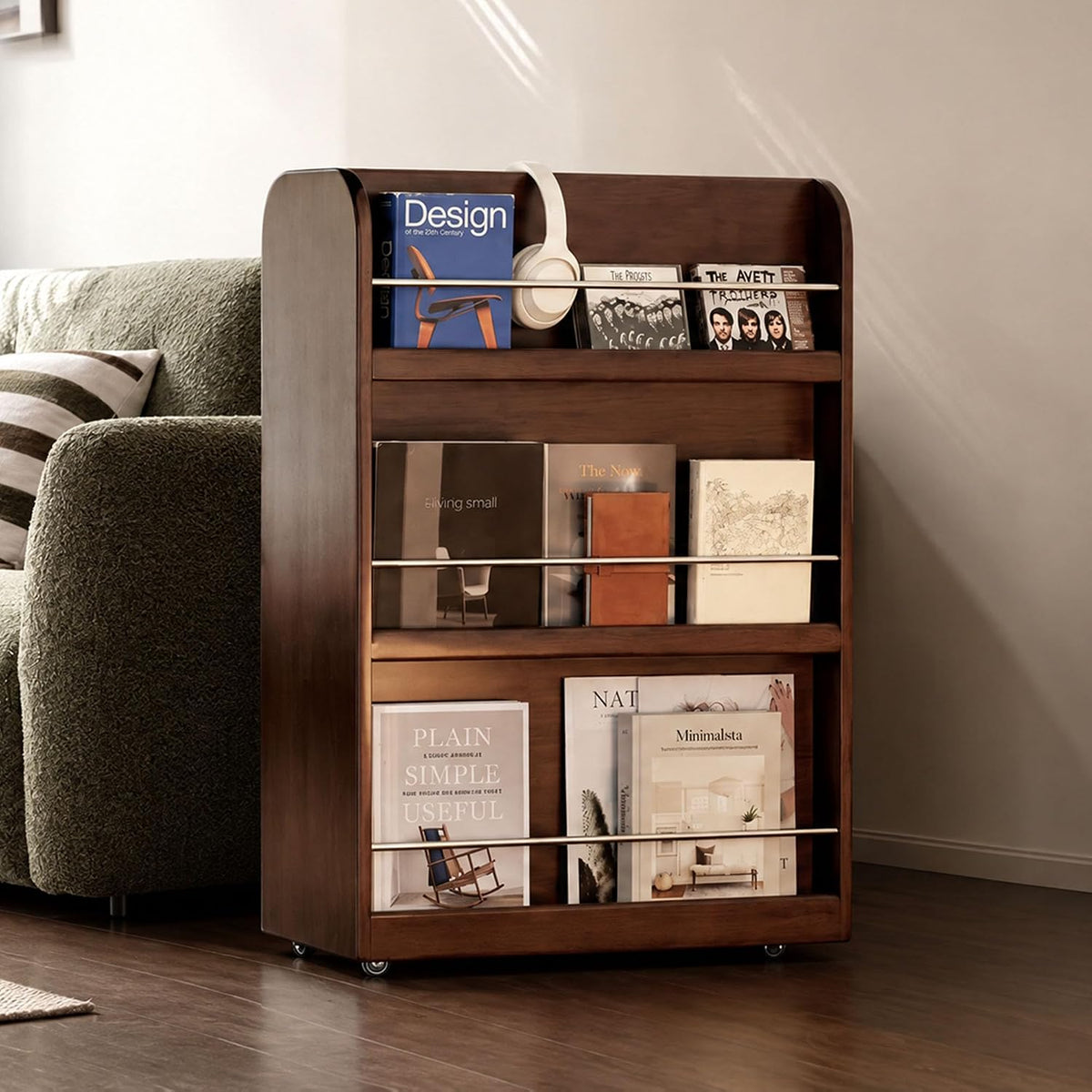 Rubberwood Solid Wood Rolling Bookcase with Wheels, Walnut