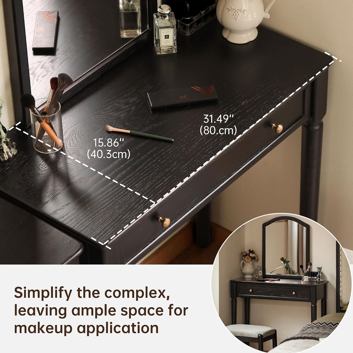 Oak Solid Wood Vanity Table Set with Arched Mirror